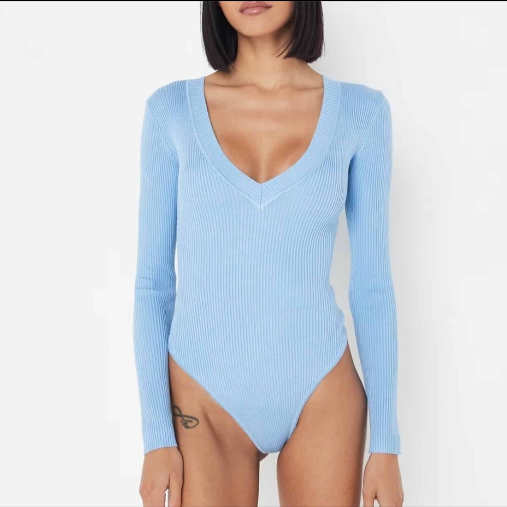 Missguided Light Blue V-Neck Ribbed Bodysuit